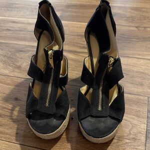 Michael Kors Black Wedge Sandals with Gold Zipper